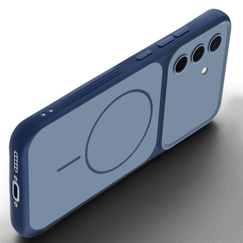 Slim silicone Blue phone case for Samsung A56 5G side angle view showing grip texture and precise cutouts