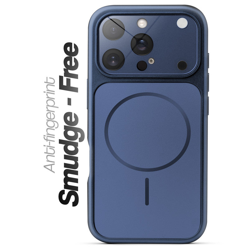 Anti-fingerprint smudge-free navy blue MagSafe back cover for iPhone 16 Pro with matte finish.