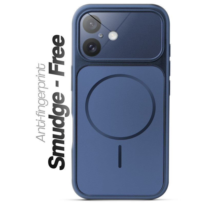 Anti-fingerprint smudge-free navy blue MagSafe back cover for iPhone 16 with matte finish.