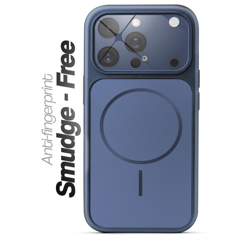 Anti-fingerprint smudge-free navy blue MagSafe back cover for iPhone 13 Pro with matte finish.