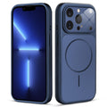 Front and back view of navy blue MagSafe back cover fitted on iPhone 13 Pro showing slim profile and precise cutouts.