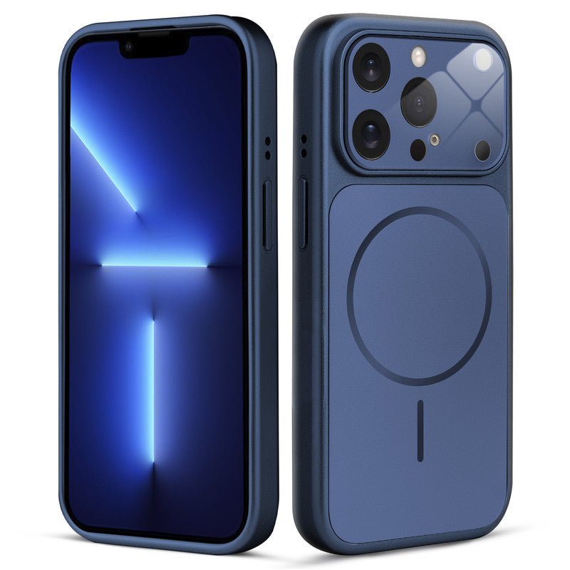 Front and back view of navy blue MagSafe back cover fitted on iPhone 13 Pro showing slim profile and precise cutouts.