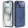Front and back view of navy blue MagSafe back cover fitted on iPhone 15 showing slim profile and precise cutouts.