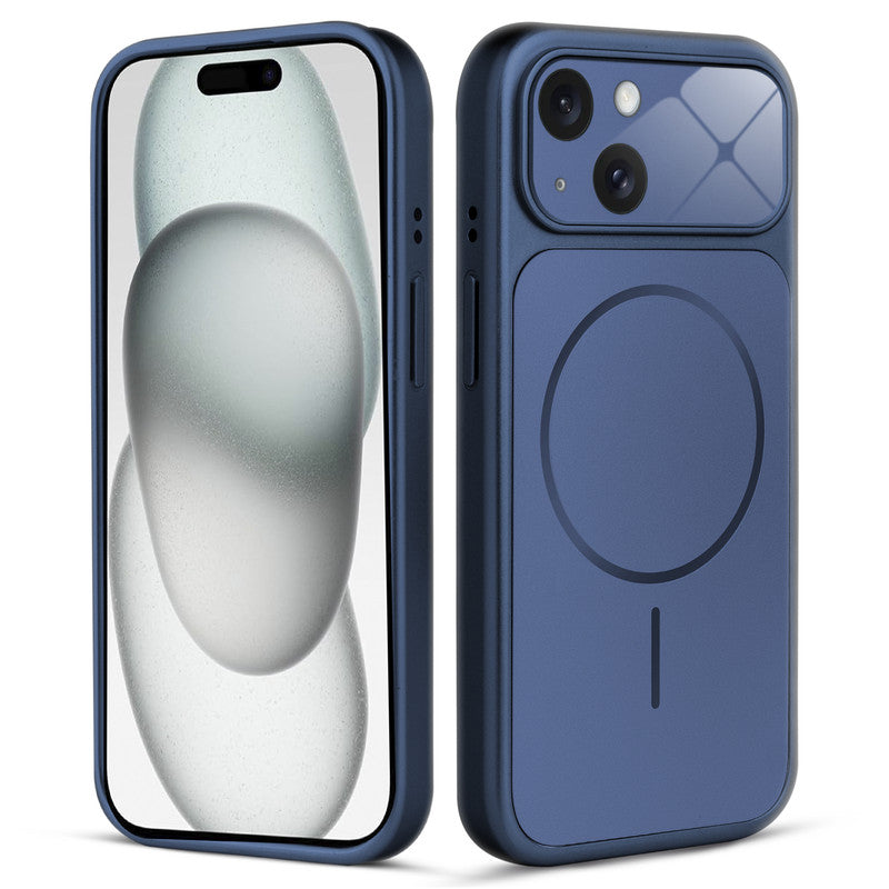 Front and back view of navy blue MagSafe back cover fitted on iPhone 15 showing slim profile and precise cutouts.