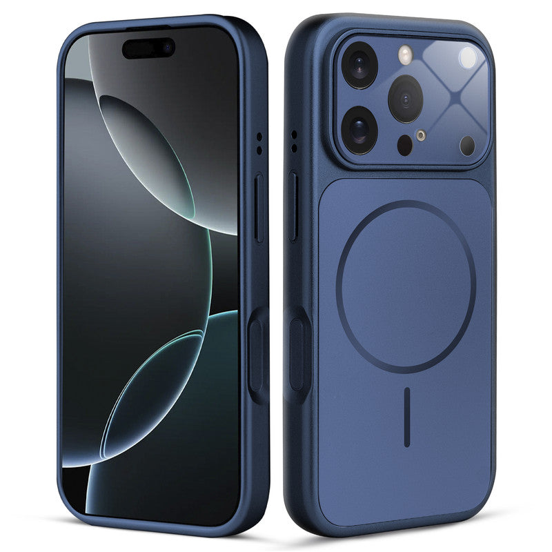 Front and back view of navy blue MagSafe back cover fitted on iPhone 16 Pro Max showing slim profile and precise cutouts.