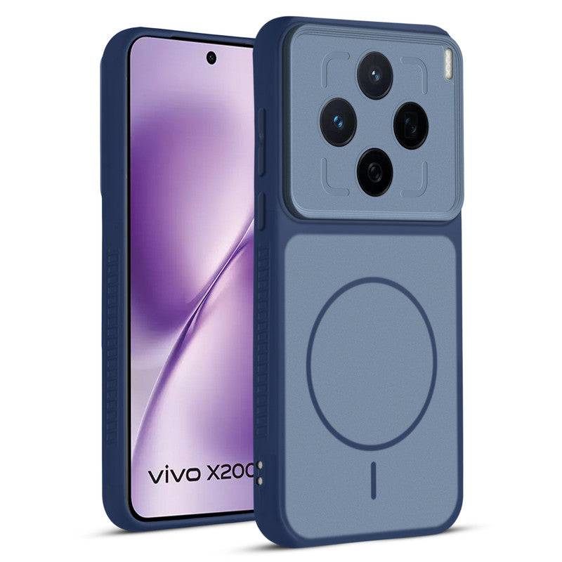 Front and back view of Blue protective back cover for Vivo X200T 5G with textured sides, camera guard and slim fit design.