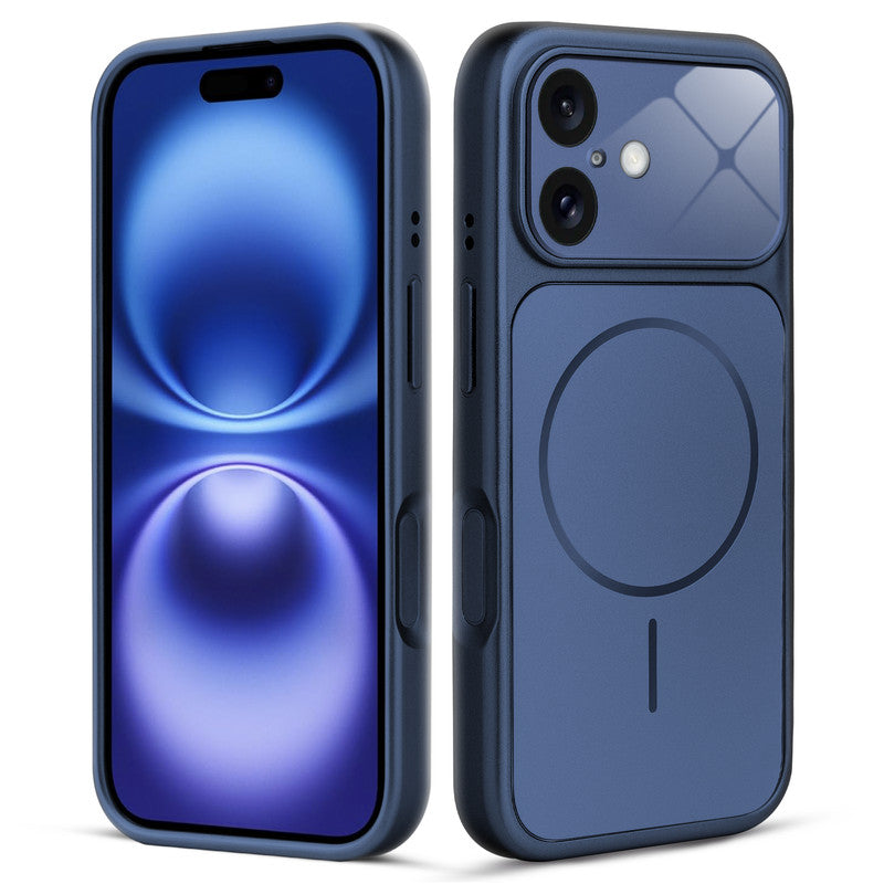 Front and back view of navy blue MagSafe back cover fitted on iPhone 16 showing slim profile and precise cutouts.