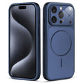 Front and back view of navy blue MagSafe back cover fitted on iPhone 15 Pro showing slim profile and precise cutouts.