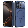 Front and back view of navy blue MagSafe back cover fitted on iPhone 16 Pro showing slim profile and precise cutouts.