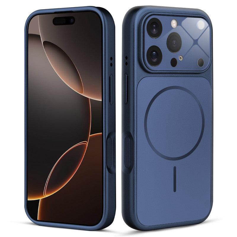 Front and back view of navy blue MagSafe back cover fitted on iPhone 16 Pro showing slim profile and precise cutouts.