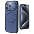 Back view of navy blue MagSafe back cover for iPhone 15 Pro highlighting magnetic ring design and camera protection.