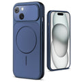 Back view of navy blue MagSafe back cover for iPhone 15 highlighting magnetic ring design and camera protection.