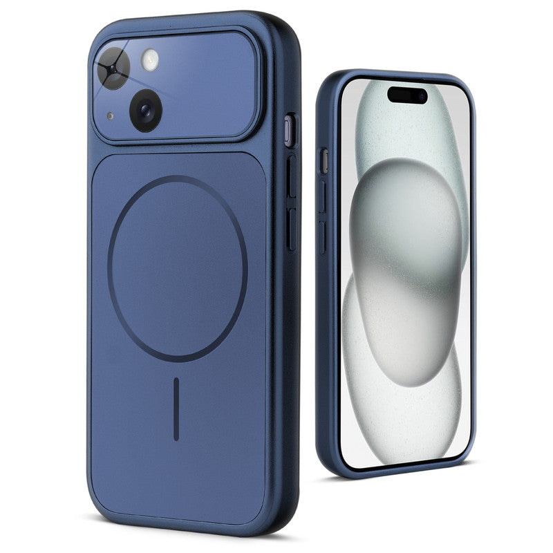 Back view of navy blue MagSafe back cover for iPhone 15 highlighting magnetic ring design and camera protection.