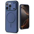 Back view of navy blue MagSafe back cover for iPhone 16 Pro highlighting magnetic ring design and camera protection.
