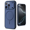 Back view of navy blue MagSafe back cover for iPhone 16 Pro Max highlighting magnetic ring design and camera protection.