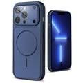 Back view of navy blue MagSafe back cover for iPhone 13 Pro Max highlighting magnetic ring design and camera protection.