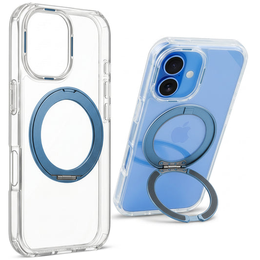 Shockproof Hybrid Silicone Back Magnetic Clear Case for Apple iPhone 17 with 360° Rotatable Ring Stand