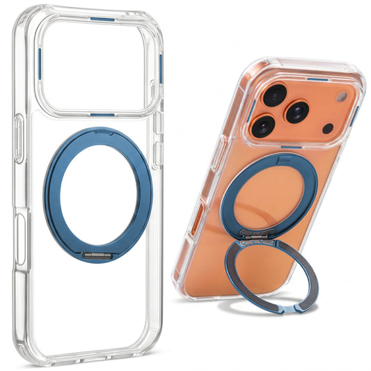 Shockproof Hybrid Silicone Back Magnetic Clear Case for Apple iPhone 17 Pro Max with 360° Rotatable Ring Stand