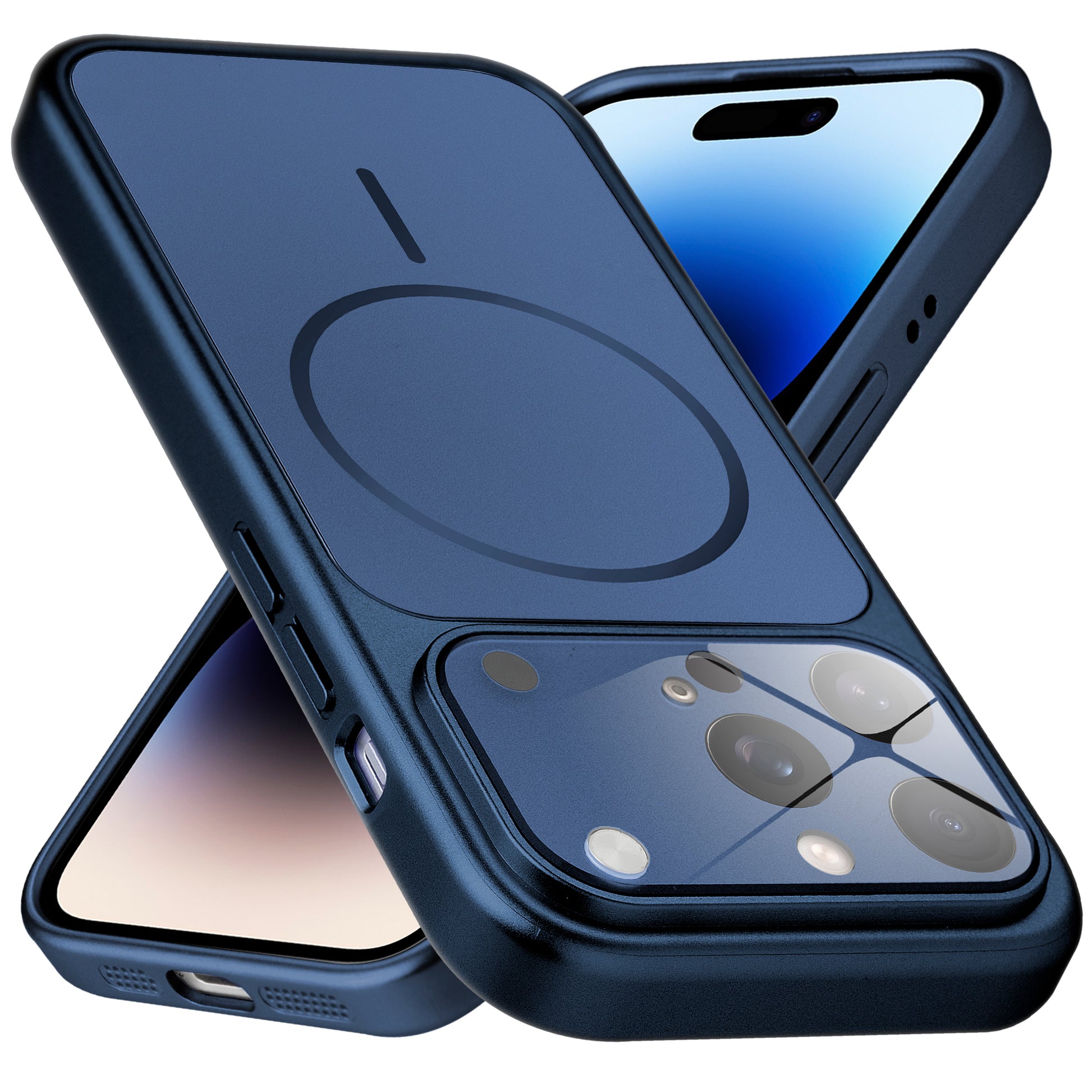 Premium navy blue converter back cover for iPhone 14 Pro Max showing the back with magnetic ring, full camera protection, and an iPhone 17–style design.