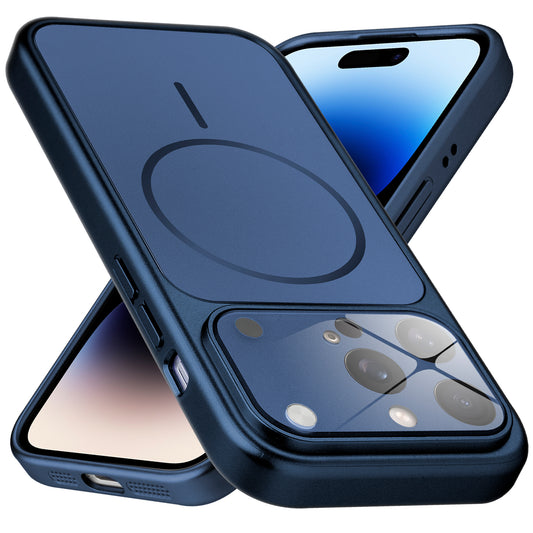 Premium navy blue converter back cover for iPhone 14 Pro Max showing the back with magnetic ring, full camera protection, and an iPhone 17–style design.