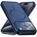 Premium navy blue converter back cover for iPhone 15 Pro Max showing the back with magnetic ring, full camera protection, and an iPhone 17–style design.