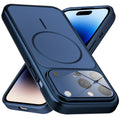Premium navy blue converter back cover for iPhone 14 Pro showing the back with magnetic ring, full camera protection, and an iPhone 17–style design.