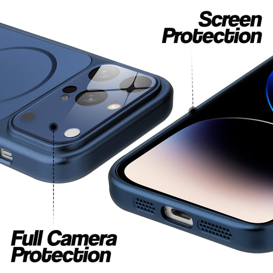 Navy Blue MagSafe back cover for iPhone 14 Pro Max showing raised edges for full camera protection and screen protection.