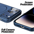 Navy Blue MagSafe back cover for iPhone 14 Pro showing raised edges for full camera protection and screen protection.
