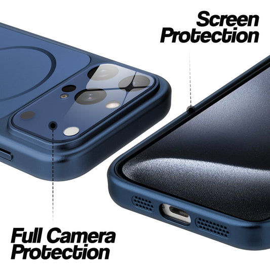 Navy Blue MagSafe back cover for iPhone 15 Pro Max showing raised edges for full camera protection and screen protection.