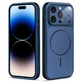 Front and back view of navy blue MagSafe back cover fitted on iPhone 14 Pro showing slim profile and precise cutouts.