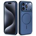 Front and back view of navy blue MagSafe back cover fitted on iPhone 15 Pro Max showing slim profile and precise cutouts.