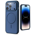 Back view of navy blue MagSafe back cover for iPhone 14 Pro highlighting magnetic ring design and camera protection.