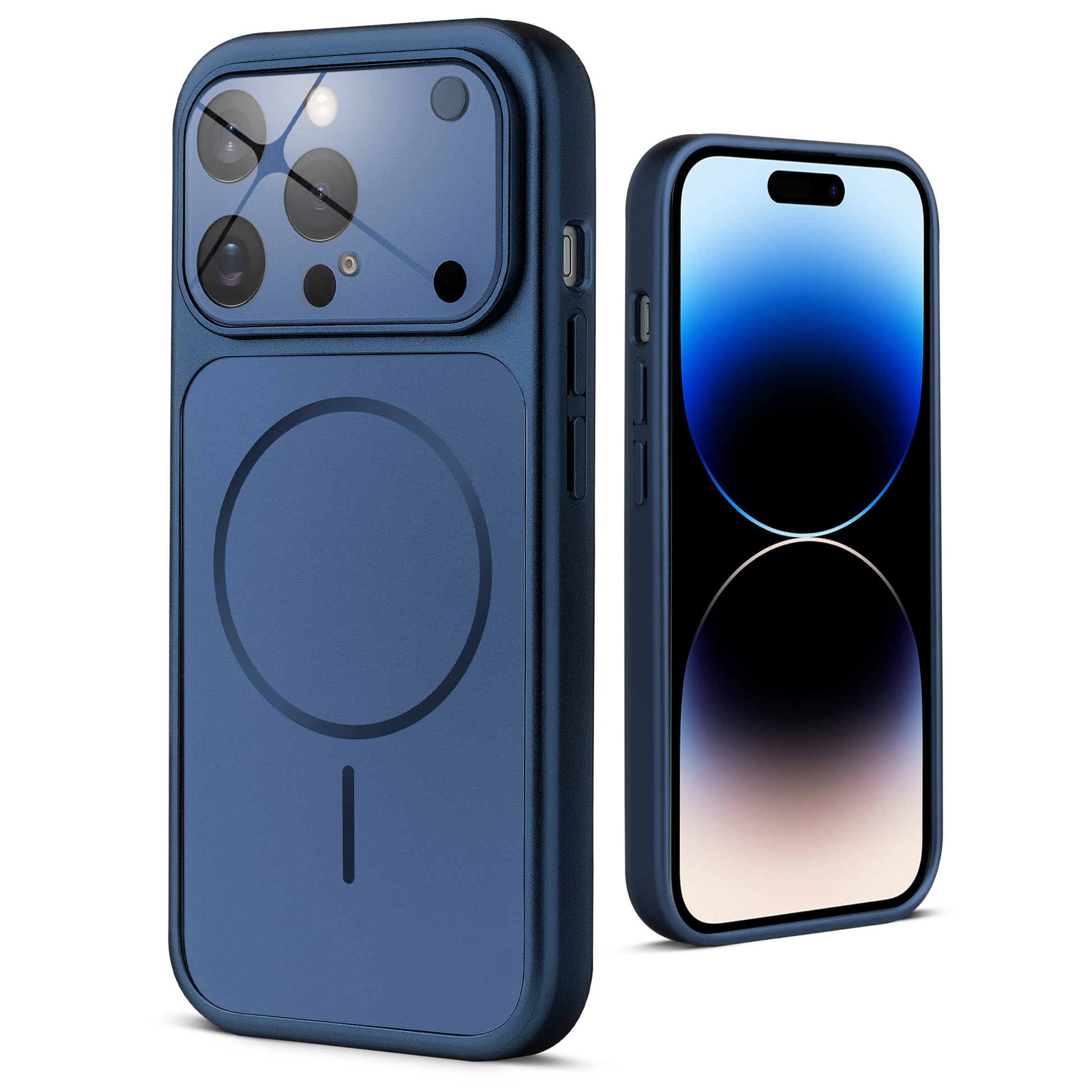 Back view of navy blue MagSafe back cover for iPhone 14 Pro Max highlighting magnetic ring design and camera protection.