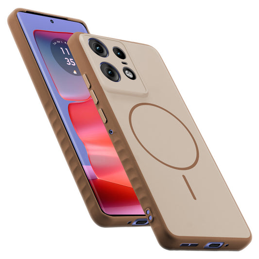 Matte Silicone Dual Color Back Cover with Metal Buttons & Ring Design for Motorola Moto Edge 50 Pro 5G