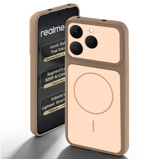 Brown back cover for Realme 15T 5Gwith camera cut protection and ring design on back side.