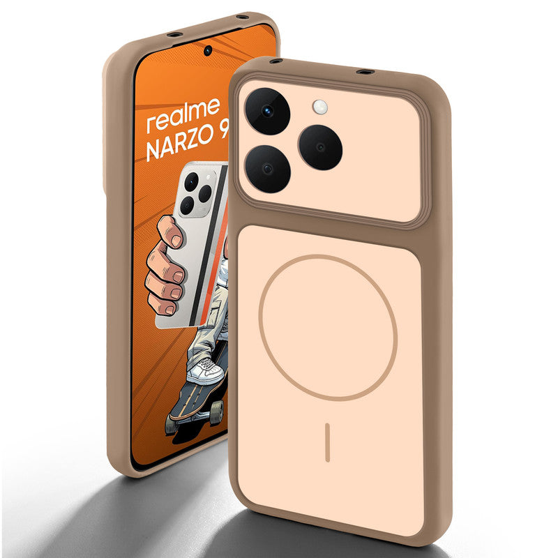 Brown back cover for Realme Narzo 90 5G with camera cut protection and ring design on back side.