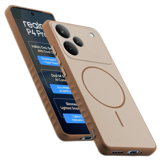 Matte Silicone Dual Color Back Cover with Metal Buttons & Ring Design for Realme P4 Pro 5G