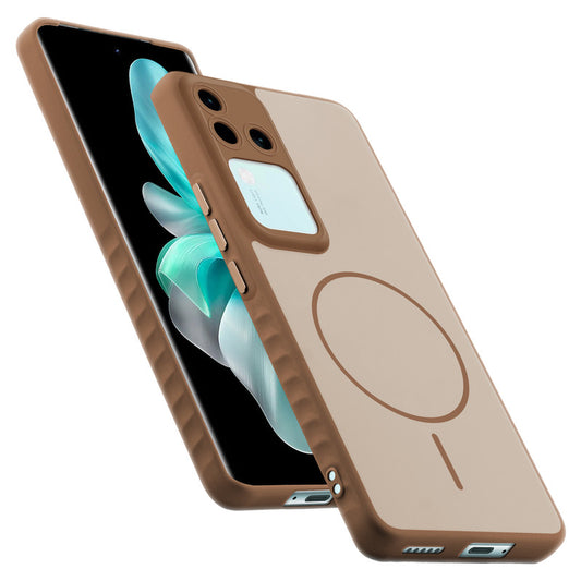 Matte Silicone Dual Color Back Cover with Metal Buttons & Ring Design for Vivo V30 5G
