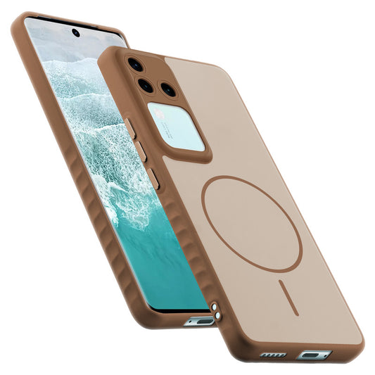 Matte Silicone Dual Color Back Cover with Metal Buttons & Ring Design for Vivo V30 Pro 5G