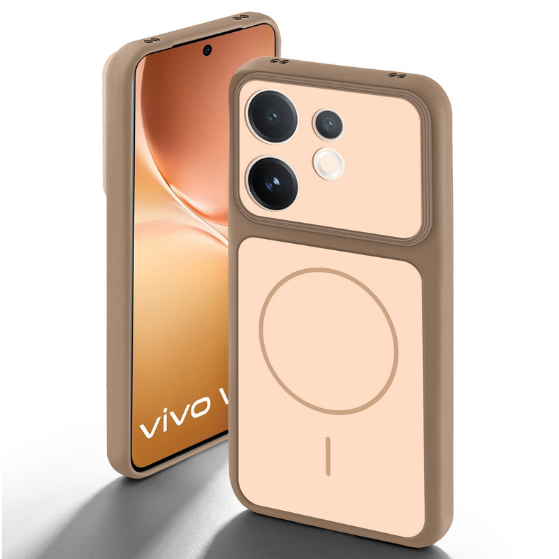 Brown back cover for Vivo V60 5G with camera cut protection and ring design on back side.