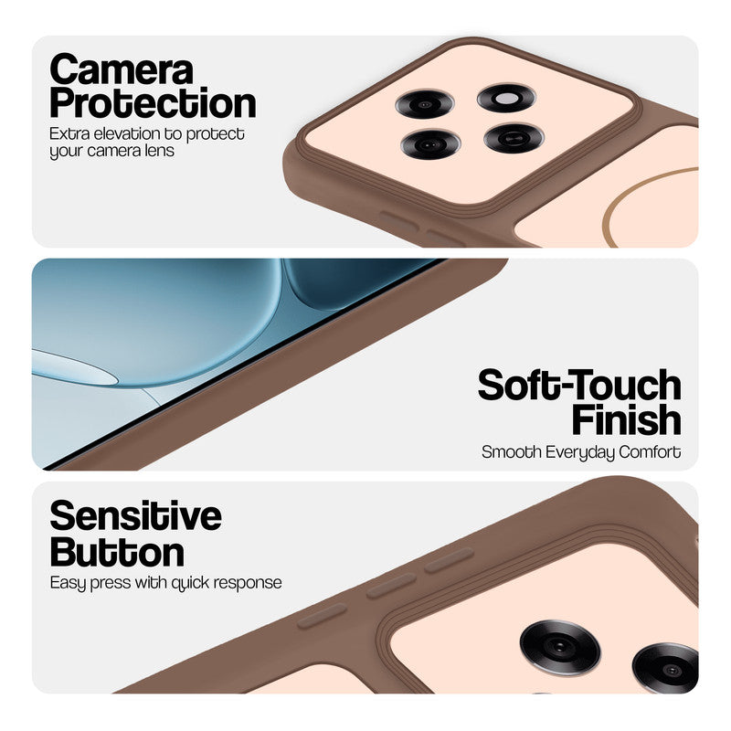 Brown phone case for Oppo F31 Pro 5G showing camera safety edges, anti slip side grip and easy press button covers.