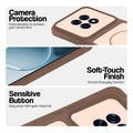 Brown phone case for Oppo F31 Pro Plus 5G showing camera safety edges, anti slip side grip and easy press button covers.