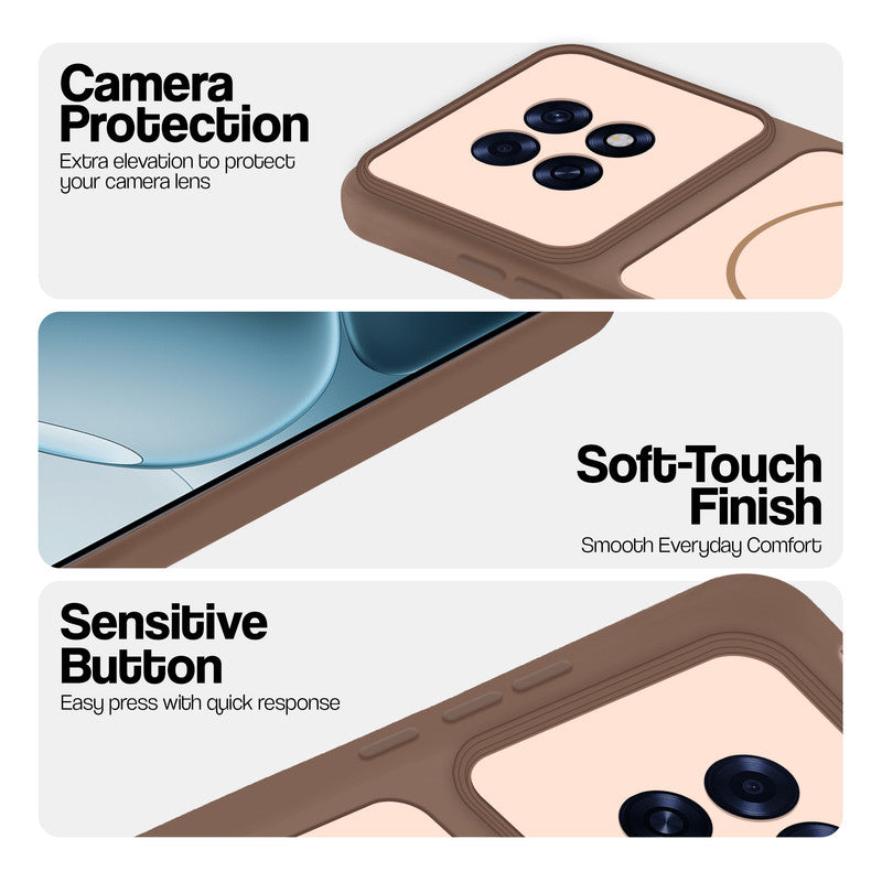 Brown phone case for Oppo F31 Pro Plus 5G showing camera safety edges, anti slip side grip and easy press button covers.
