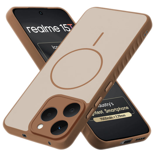 Matte Silicone Dual Color Back Cover with Metal Buttons & Ring Design for Realme 15T 5G