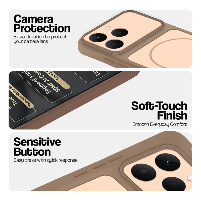 Brown phone case for Realme 15T 5Gshowing camera safety edges, anti slip side grip and easy press button covers.