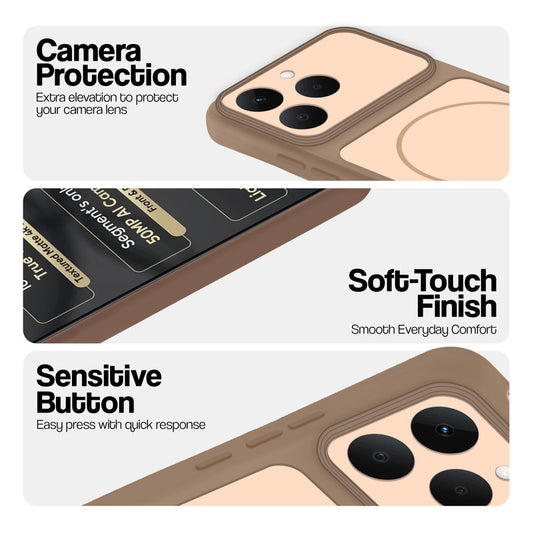 Brown phone case for Realme 15T 5Gshowing camera safety edges, anti slip side grip and easy press button covers.