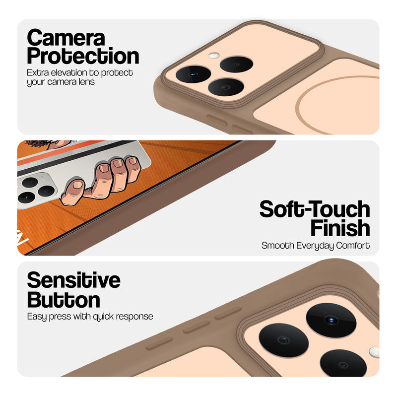 Brown phone case for Realme Narzo 90 5G showing camera safety edges, anti slip side grip and easy press button covers.