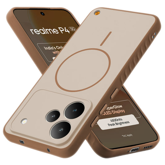 Matte Silicone Dual Color Back Cover with Metal Buttons & Ring Design for Realme P4 5G
