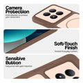 Brown phone case for Redmi Note 15 Pro 5G showing camera safety edges, anti slip side grip and easy press button covers.