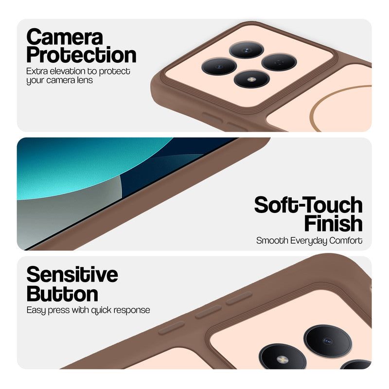 Brown phone case for Redmi Note 15 Pro 5G showing camera safety edges, anti slip side grip and easy press button covers.